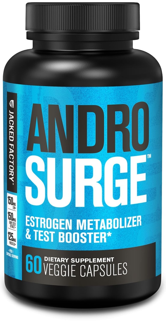 Bloqueador de estrogênio de fábrica Jacked Androsurge para homens - impulsionador de testosterona natural para homens e metabolizador de estrogênio com Tongkat Ali, DIM, Long Jack & More - Test Booster & Muscle Builder - 60 Conde