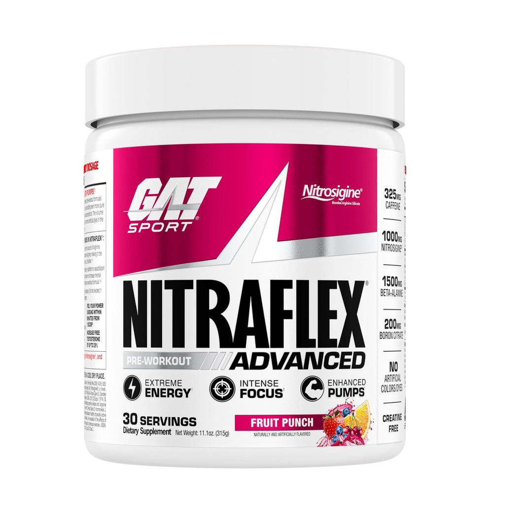 GAT SPORT Nitraflex pó avançado pré-treino, aumenta o fluxo de sangue, aumenta a força ea energia, melhora o desempenho do exercício, homens e mulheres (Fruit Punch, 30 Servings)