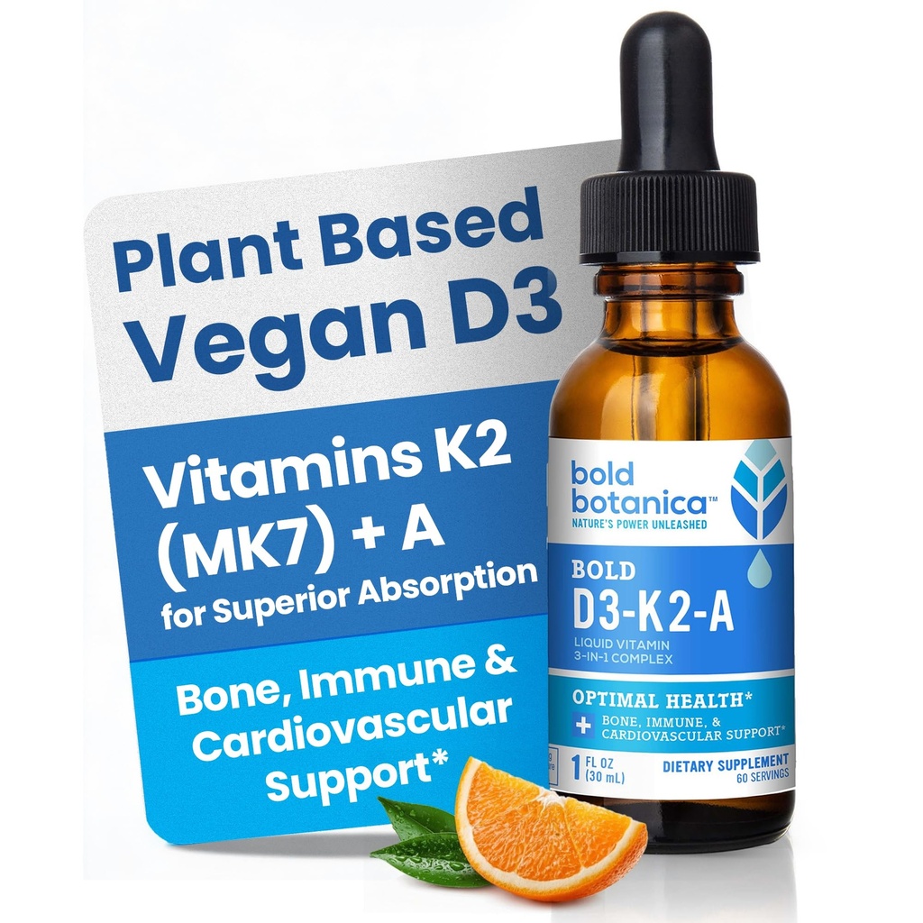 Botânica Bold D3-K2-A, Complexo Vitamina Líquida, Vegan D3 de algas orgânicas com vitamina K2 (MK7) e A para apoio imunológico, sabor laranja natural, sabor delicioso, 1 FL OZ. (30mL)