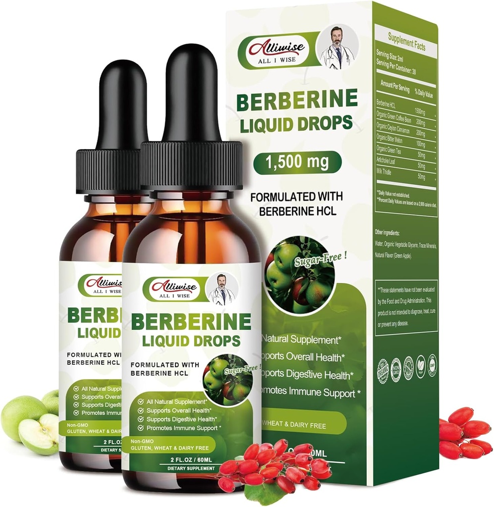 2 Pacote Berberine Supplement Liquid Drops para sistema imunológico e suportes de sistema digestivo -Premium Berberine HCL 1500mg com Canela de Ceilão Pura -4 Fl Oz