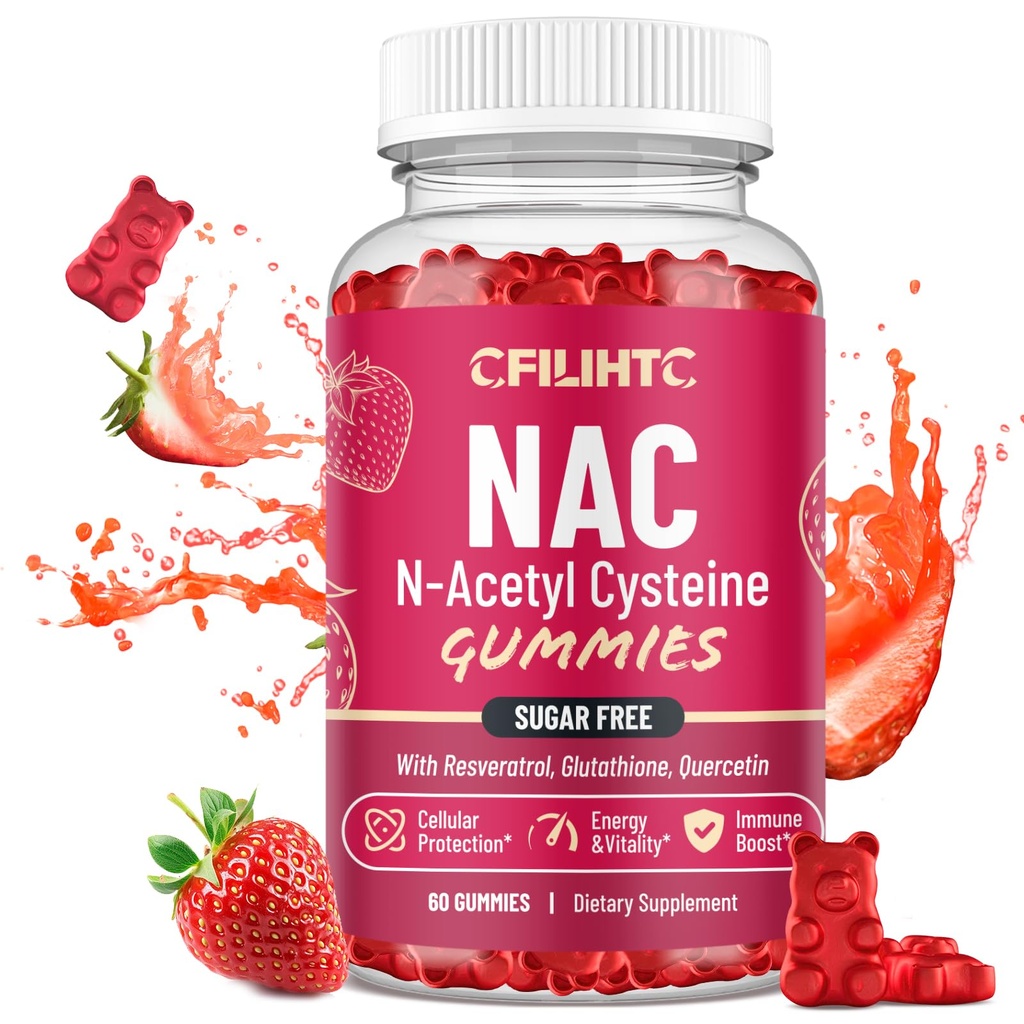 CFILIHTC NAC Gummies 600mg, N Acetil Cysteine Suplemento com Glutationa, Resveratrol, Magnésio, CoQ10, NAC Chewable para Antioxidantes e Imune Support, Strawberry Flavor 60 Gummies