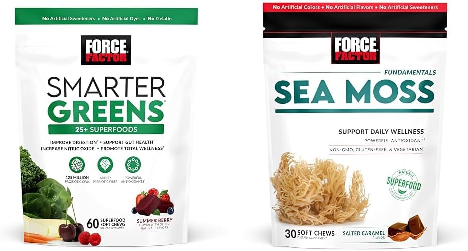 FORCE FACTOR Verdes Mastiga com 25+ Superfoods & Sea Moss Chews, 60 & 30 Conde