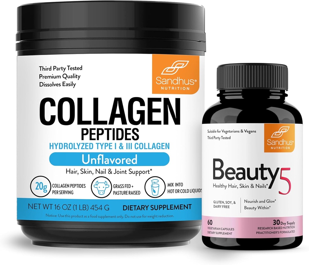 Sandhu Grass-Fed Colágeno Peptídeos Pó e Beleza 5 Cápsulas Ou Suplementos de pele ? Promove a pele, cabelo, saúde unhas