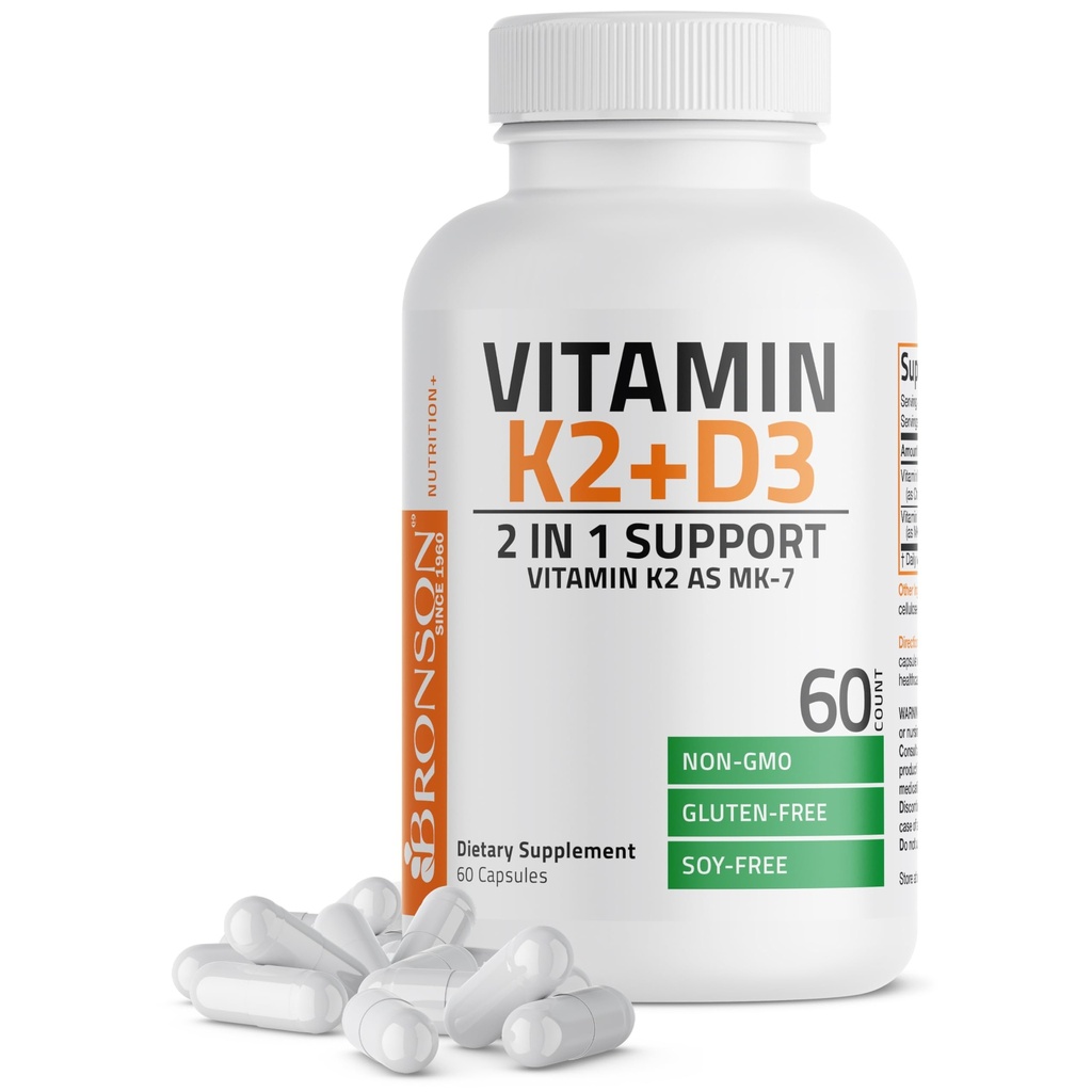 Bronson Vitamina K2 D3 (MK7) Suplemento não-GMO Fórmula Vitamina D3 5000UI (125 mcg) e 90 mcg K2 MK-7, Complexo D & K fácil de engolir, 60 cápsulas