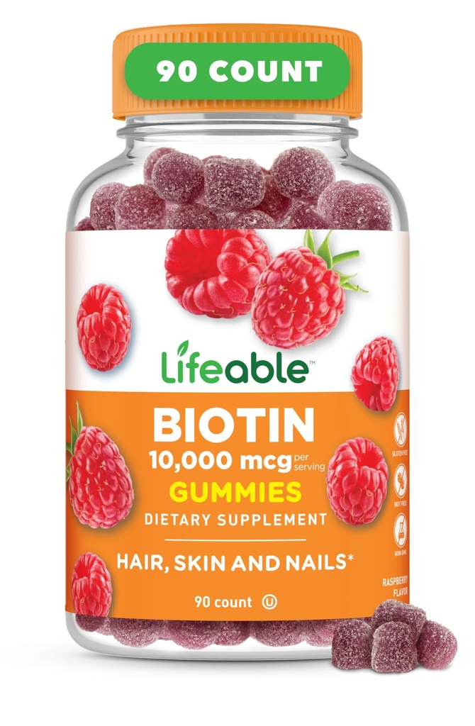 Pastilhas de Biotina Vidable - 10.000mcg - Grande degustação de cabelo pele e unhas Gummies - GMO-Free Vegan Biotin Suplemento - Pele de cabelo e unhas Vitaminas para mulheres