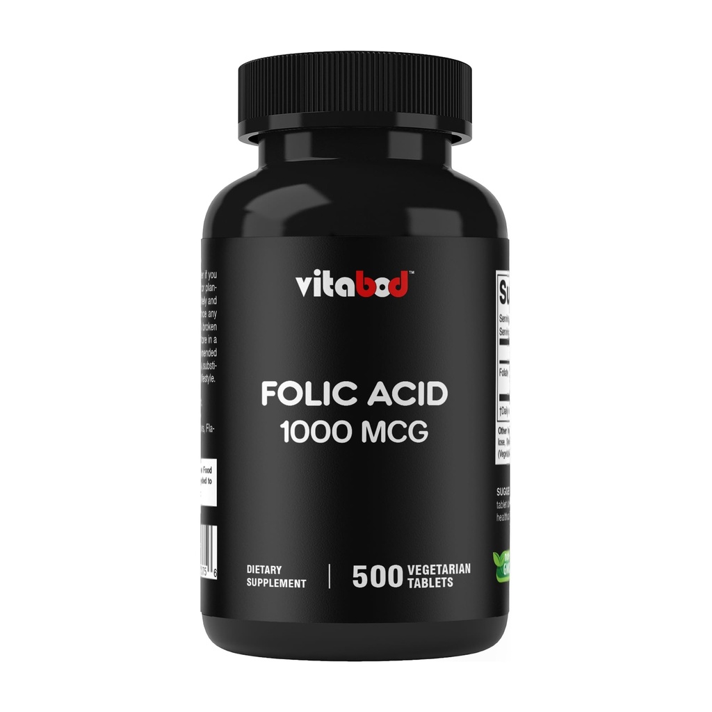 Ácido Fólico 1 mg (1000 mcg) (Vitamina B9) - 500 Comprimidos Vegetarianos - Vitamina Essencial Pré-Natal e Pós-Natal