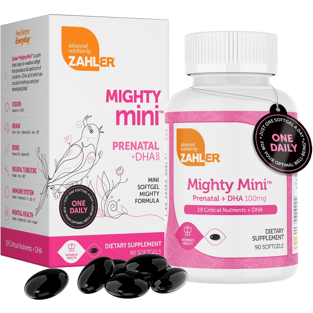 Zahler Mighty Mini Vitamina pré-natal com DHA & Folato - Certificado Kosher - Todas as vitaminas pré-natais naturais - Multivitamin para mulheres grávidas - 19 Vitaminas pré-natais incluindo ácido fólico (90 Softgels)