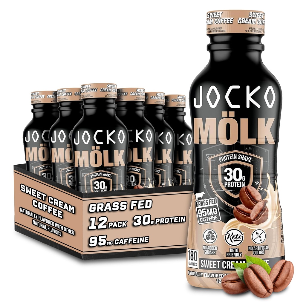 Jocko Combustível Mölk 30g Relva Feed Protein Shakes - Não Adicionado Açúcar Proteína Bebidas KETO Friendly - Pronto para beber 12 FL Oz (Pacote de 12) Doce creme de café
