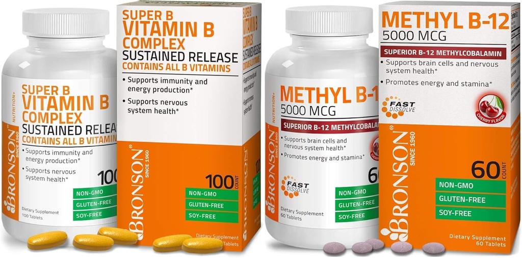 Bronson Metil B12 5000 mcg Vitamina B12 Metilcobalamina Lozenges + Super B Complexo Vitamina B Mantido Lenta Libertação