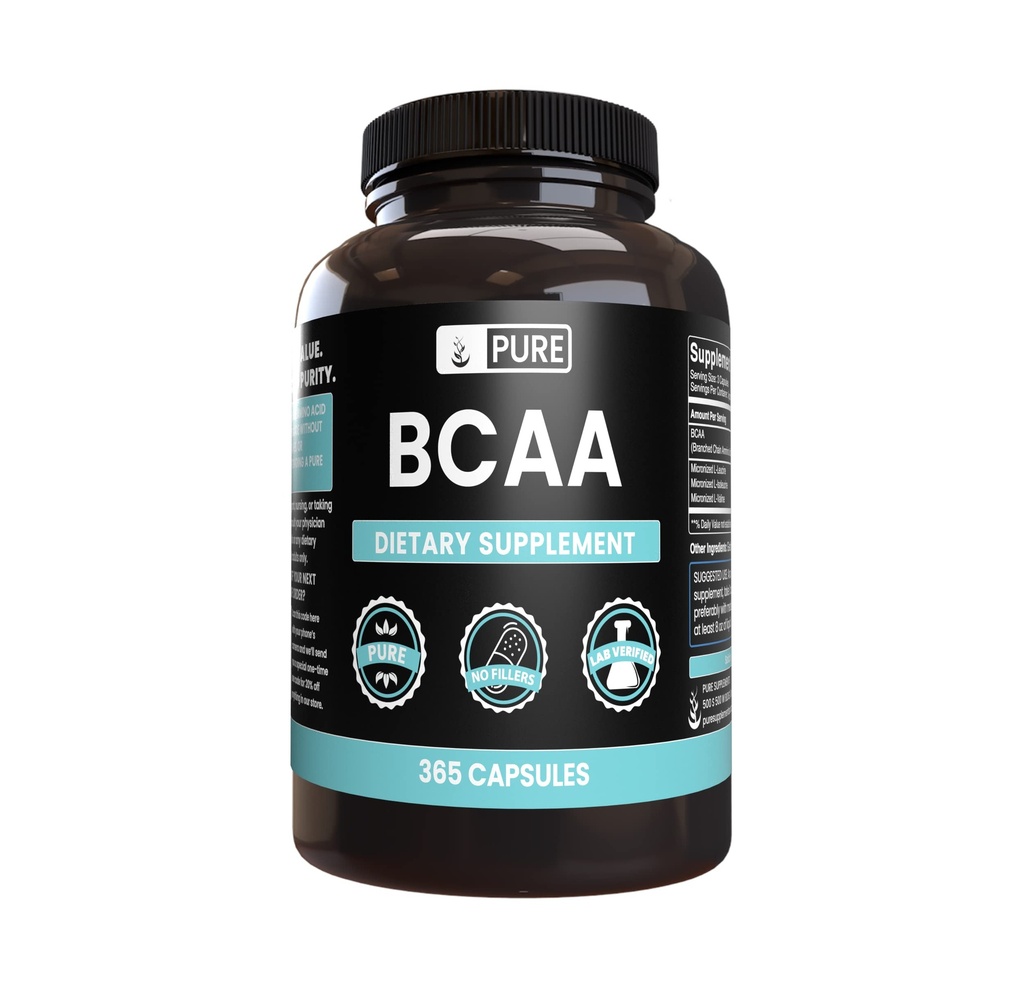 Ingredientes originais puros BCAA (365 Cápsulas) Sem enchimento de magnésio ou arroz, sempre puro, laboratório verificado