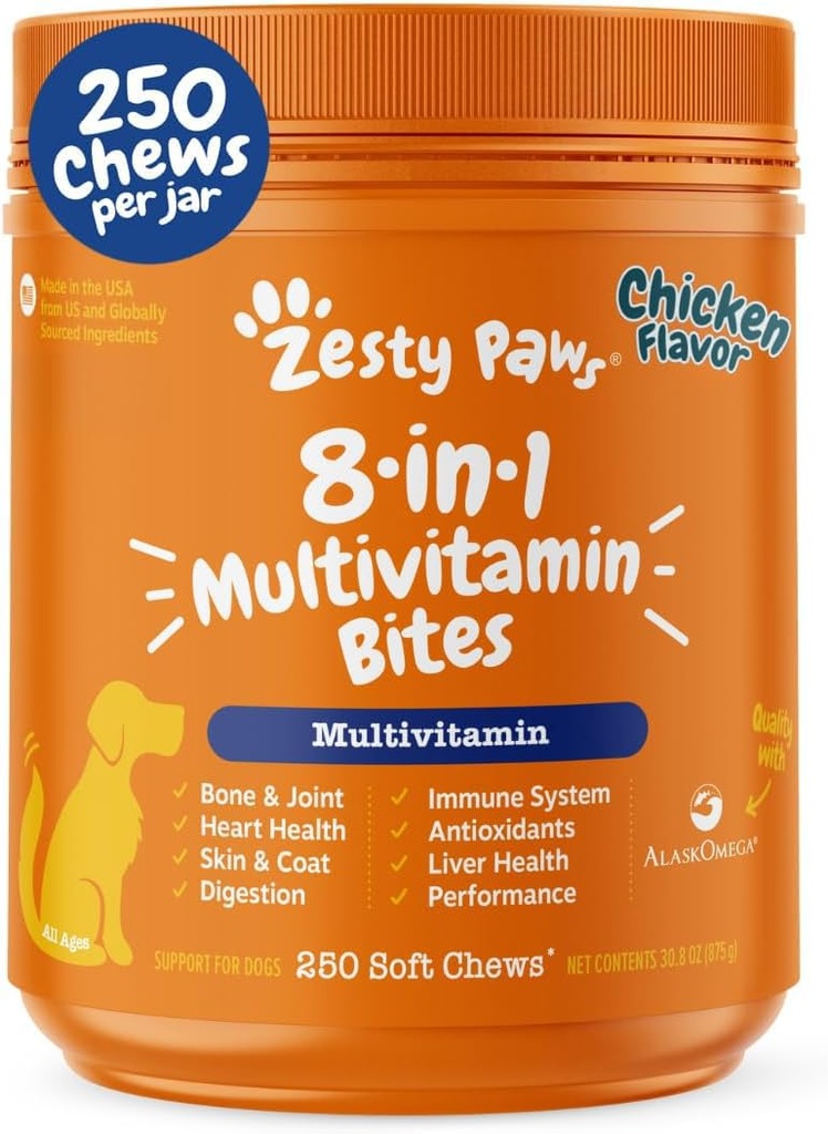 Patas Zesty Dog Multivitamin, Vitaminas mastigáveis do cão e Suplementos para Hip & Joints, Pele & Revestimento, Ómega 3 óleo de peixe para cães- Senior & Puppy Multivitamin - Frango- 250ct