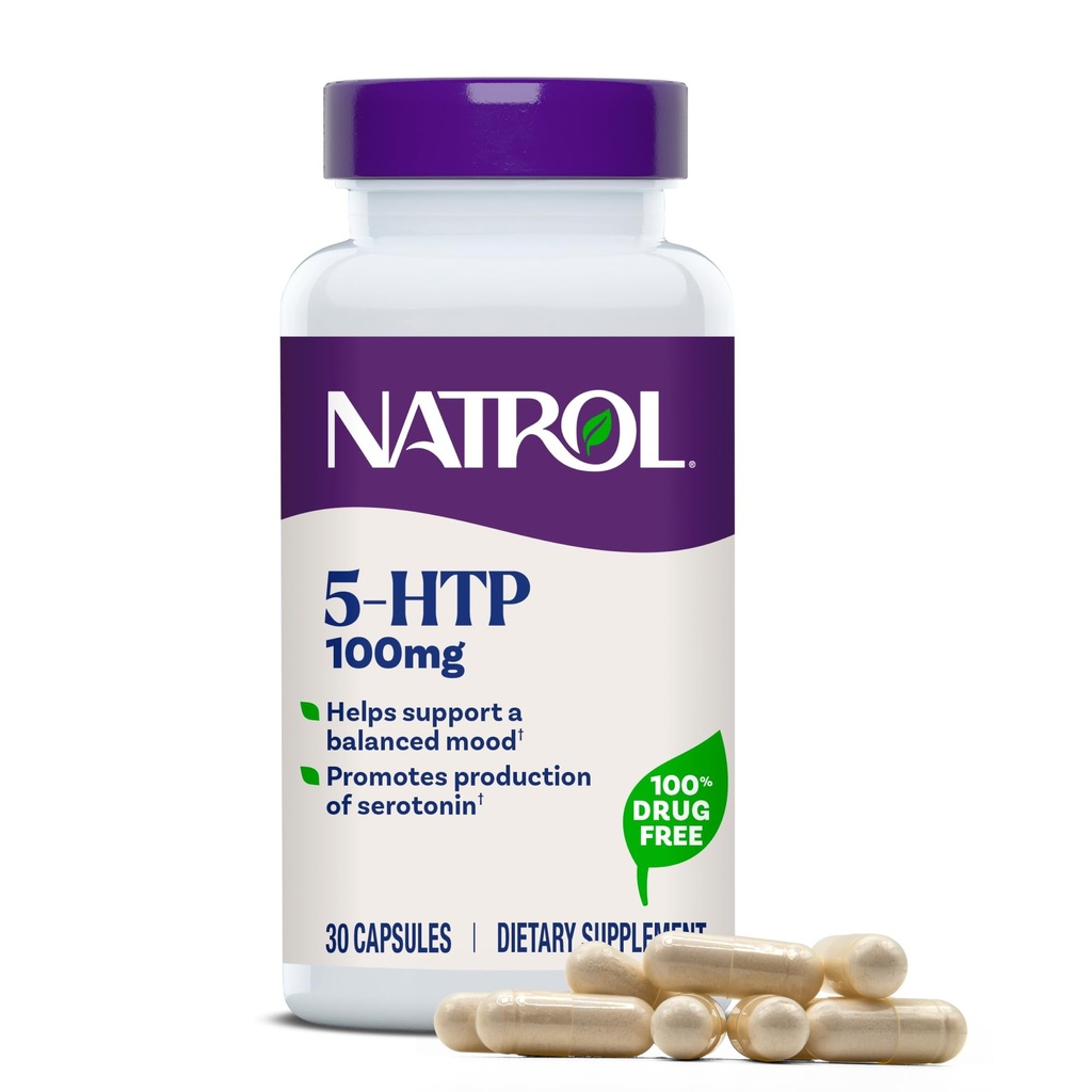 Natrol Mood + Stress 5-HTP 100 mg, Suplemento dietético para um humor equilibrado, Cápsulas para Adultos, 30 Cápsulas, Até um fornecimento de 30 dias