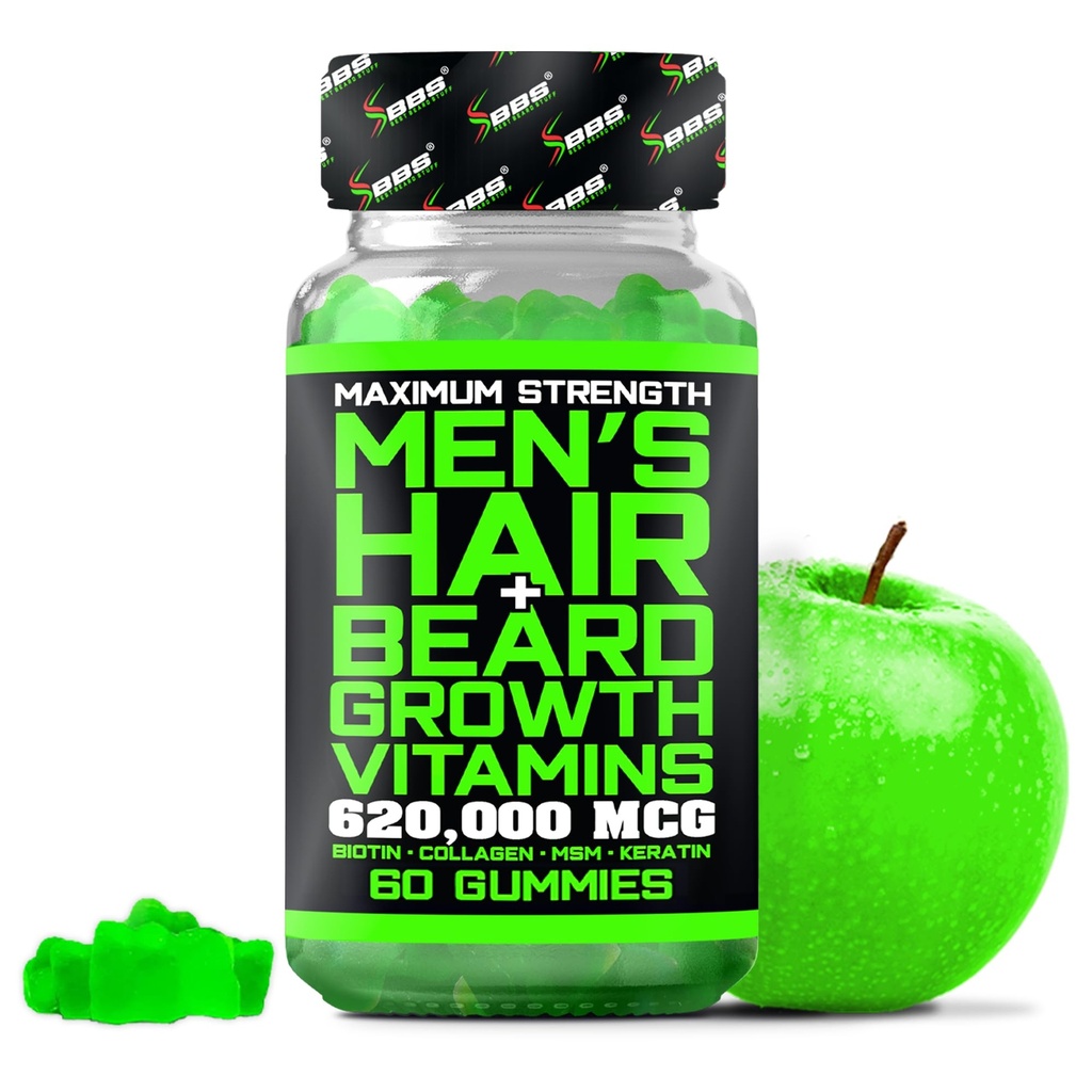 Best Beard Material Beard Growth Vitaminas - chicletes de biotina para o crescimento de barba e cabelo - força máxima 620,000mcg Biotina com colagénio, HSH, queratina e extrato de bambu
