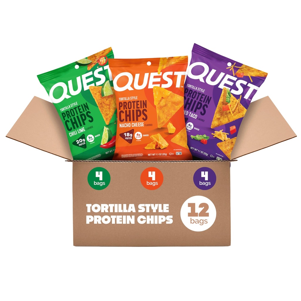 Quest Nutrition Tortilla Estilo Chips de proteína Variety Pack, Chili Lime, Queijo Nacho, Taco carregado, Baixo Carbo, Alta proteína, Gluten Free, 1,1 oz (Pacote de 12)