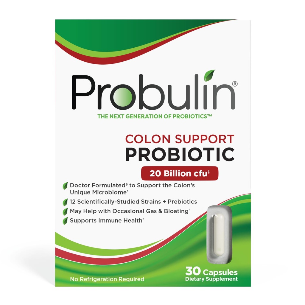 Probulin Colon Suporte diário Probiótico + Prebiótico + Suporte Gut Saúde, Gás ocasional e Bloating - 20 bilhões UFC - 12 Strains, 30 Cápsulas Vegan