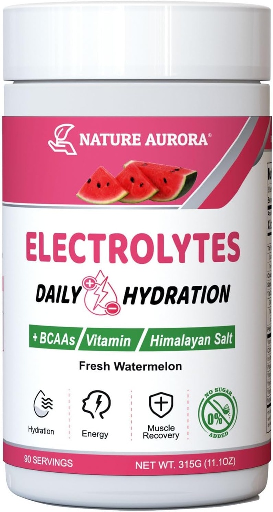 Eletrólitos Pó Sem Açúcar, Melancia Fresca Eletrolito Pó, Hydration Pó, Melhorado com sal de Himalaia, BCAAs, e B-Vitamins, Sem calorias, Bebida de Keto Eletrolítico sem Açúcar - 90 Servings