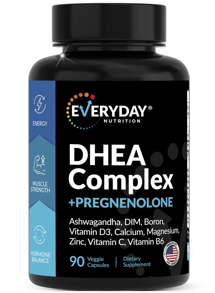 DHEA Micronized 200mg Complexo com Pregnenolona 100mg Suplemento para Homens e Mulheres com Ashwagandha, DIM, Magnésio, Boron, Cálcio, Zinco, Vitamina D3, C e B6 Hormônio Suporte - Made in USA 90 Cápsulas