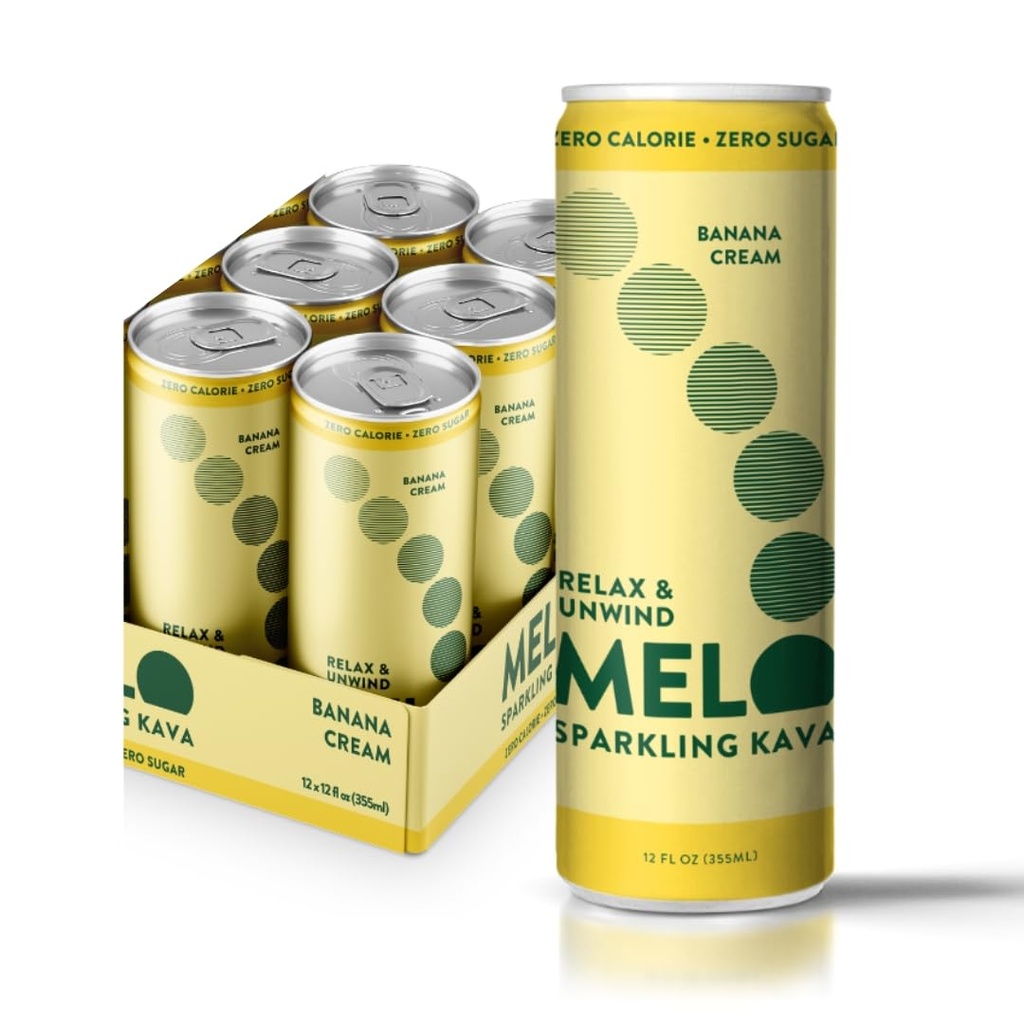 Melo Sparkling Kava Drink, Creme de banana, Bebidas não alcoólicas sem açúcar com zero calorias, Gluten Free, Vegan, 100% Natural Mocktail com 100mg Kava Root por bebida, 6 Pack, 12 oz latas