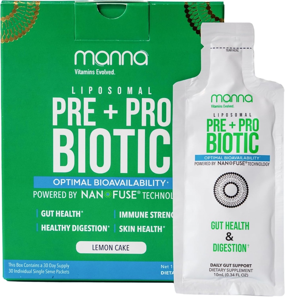 Manna Vitaminas Evoluem Prebiótico lipossomal + Pacotes Probióticos – 40 bilhões de UFC, 8 Strains – Gut, Digestivo, Suporte Imune – Alta Absorção, prateleira-estável, Suplemento diário, 30 Servos Únicos