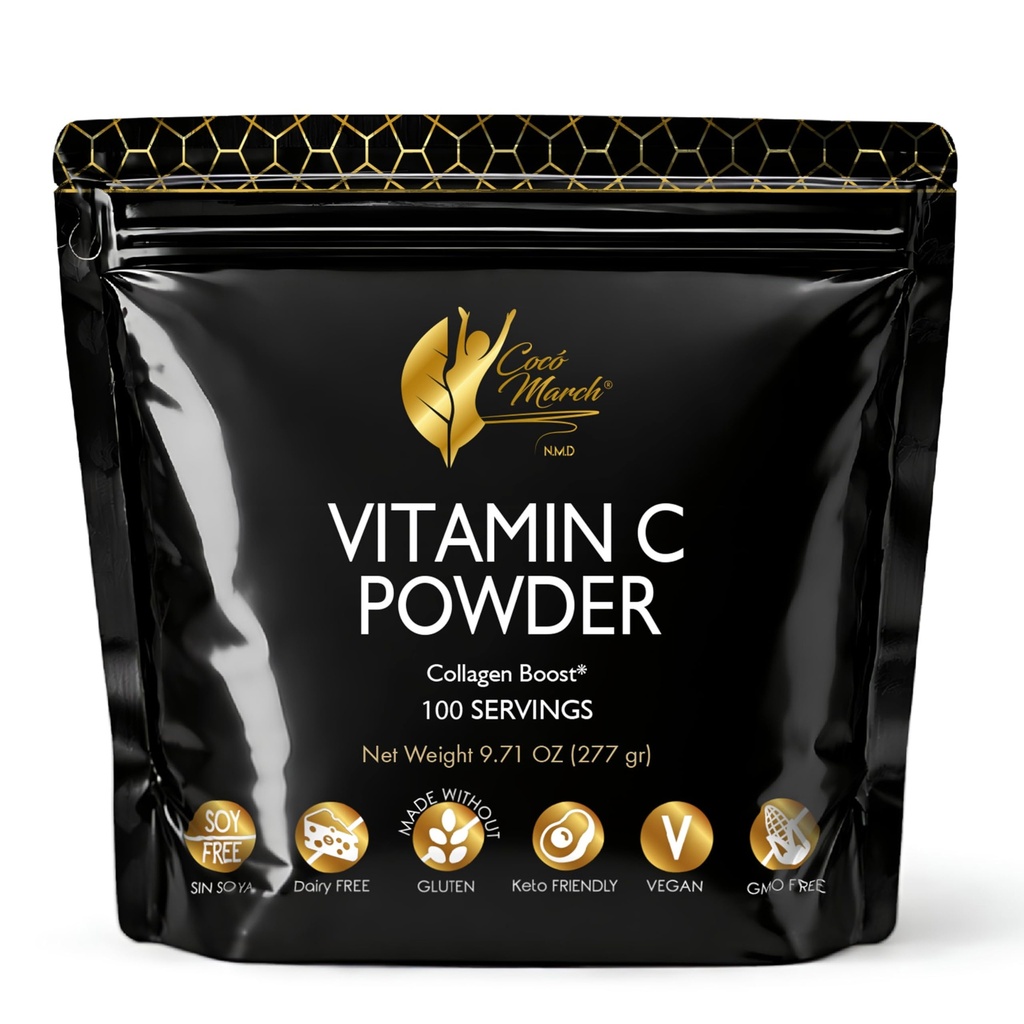 Cocó Março N.M.D 1000 mg Vitamina C Pó- para Produção de Colágeno e Suporte Imune, Zinco, Bromelaína, Quercetina, L-Lysine - Livre de: Leite Glúten, Soja, OGM, Vegan e Keto Friendly 10 Oz