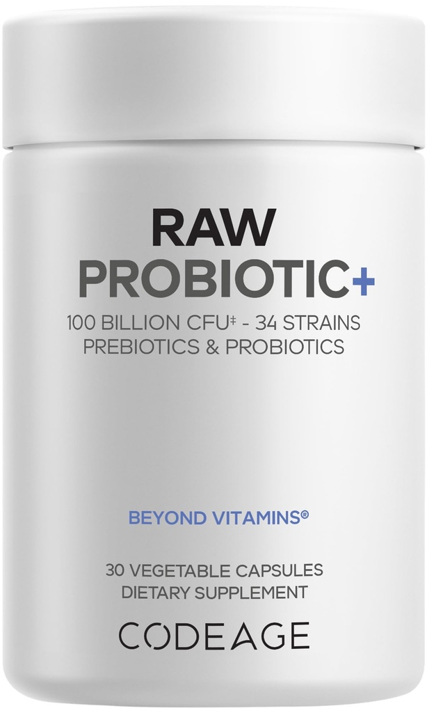 Codeage Raw Probiótico+ Suplemento - 34 Probiótico Strains, 100 bilhões de UFC, crus alimentos inteiros Probióticos, enzimas digestivas, frutas cruas e vegetais Prebióticos - Wild Kefir Cultura - Não-GMO - 30 Cápsulas