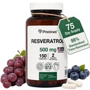 Resveratrol da PRISTINE 500MG 75 dias de fornecimento Anti envelhecimento Antioxidante & Heart Health Suplemento Cápsulas - Benefícios da saúde do cérebro e pulmão