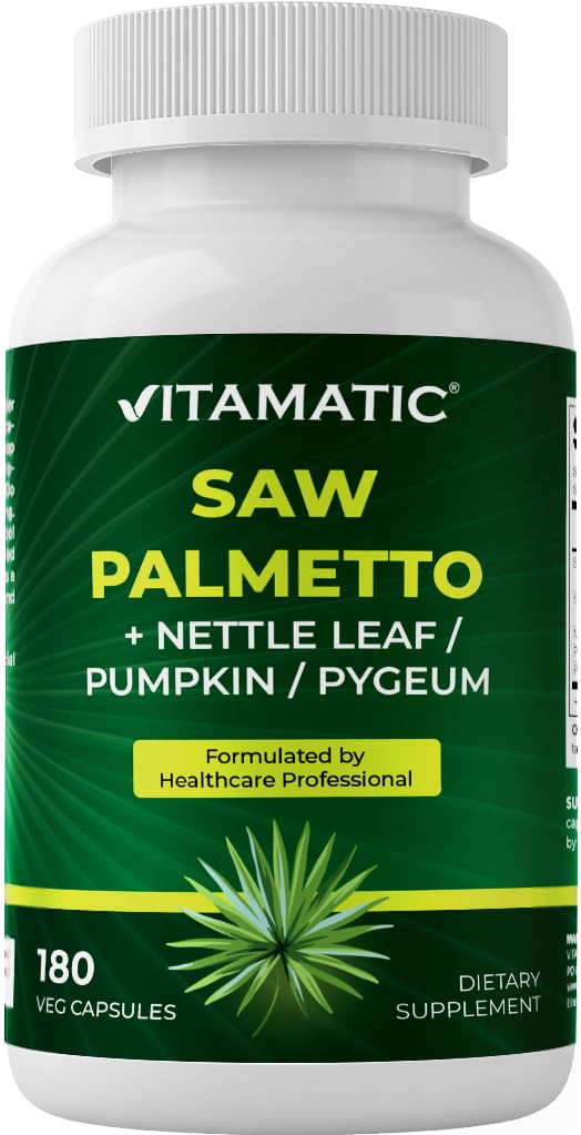 Vitamatic Saw Palmetto Extract para homens e mulheres 180 Veg Cápsulas - Made with Pumpkin Seed, Pygeum, Nettle Leaf - Made in the USA - Promove a função de próstata saudável