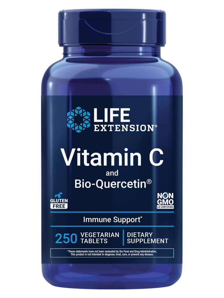 Extensão de vida Vitamina C e Bio-Quercetin®, Suplemento de Saúde Cardiovascular, Suporte Imune, Altamente absorvível, quercetina, Vitamina C, Glúten Livre, Não-GMO, Vegetariano, 250 Comprimidos
