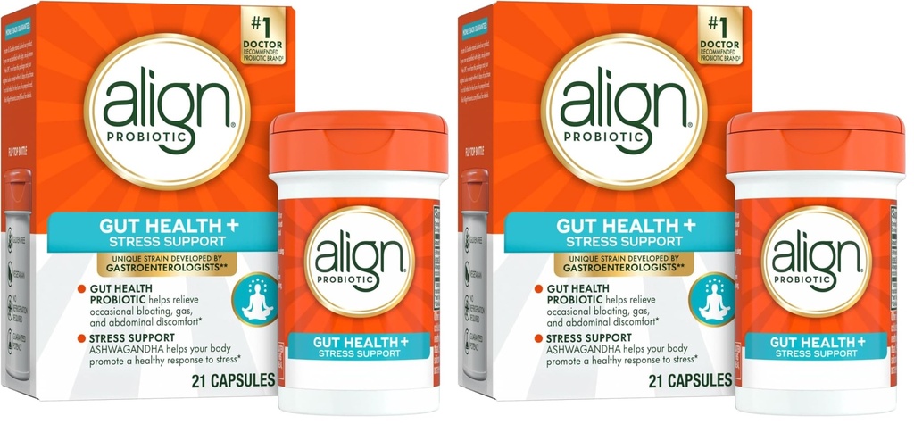 Alinhar Probiótico, De-Stress Digestivo, Probiótico para Mulheres e Homens com Ashwagandha, Ajuda com uma resposta saudável ao estresse, Sem glúten, Sem soja, Vegetariano, 21 Cápsulas (Pacote de 2)