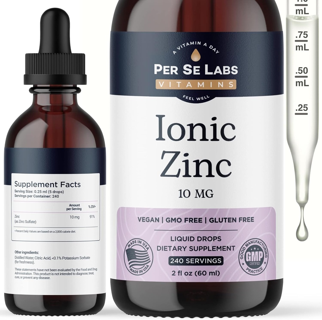 Per Se Labs Ionic Zinc Líquido - 10 mg Alta Absorção 240 Servings Liquid Zinc Drops para Adultos - Imune Suporte Cuidado da pele Zinc Suplementos - Vegan Zinc Sulfato Antioxidante Suplemento dietético - 2 Oz