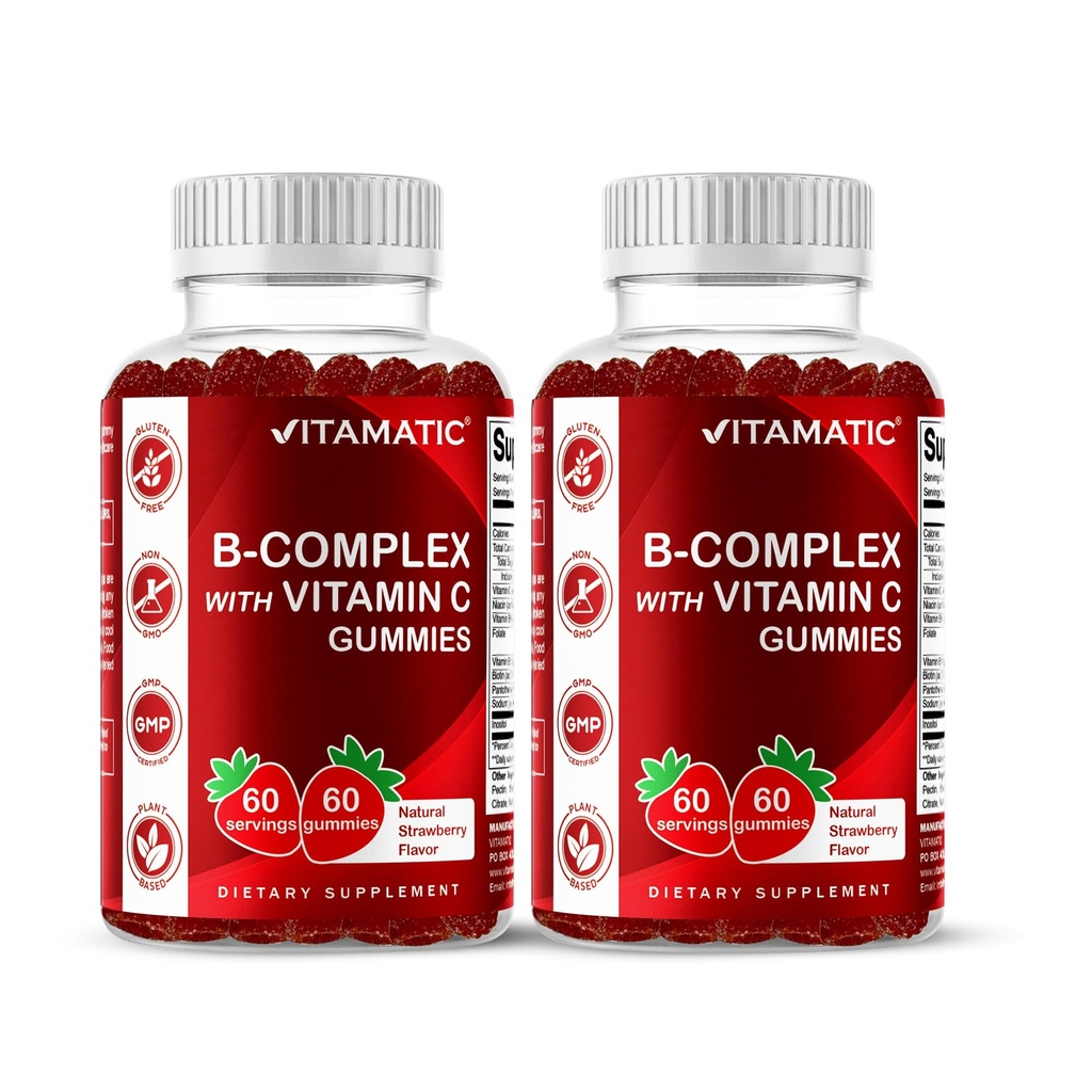 Vitamina Vitamina B Complex Gummies com Vitamina C & Inositol - Natural Strawberry Flavor - 60 Gummies (2 garrafas)