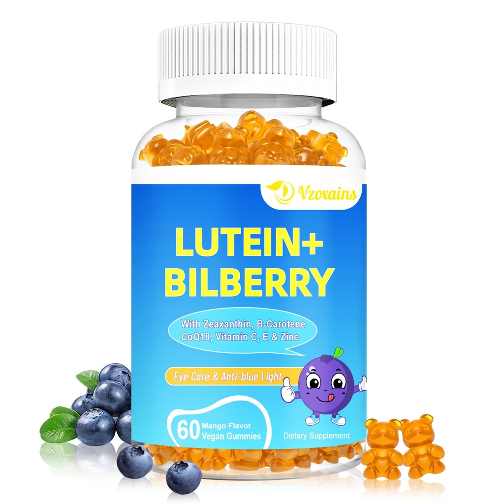 20mg Lutein & Zeaxanthin Gummies com Bilberry, Astaxantina, Omega 3, Vitamina C, E - Açúcar Suplemento de saúde ocular gratuito para adultos e crianças - alívio de olhos secos, claridade da visão, Suporte Macular