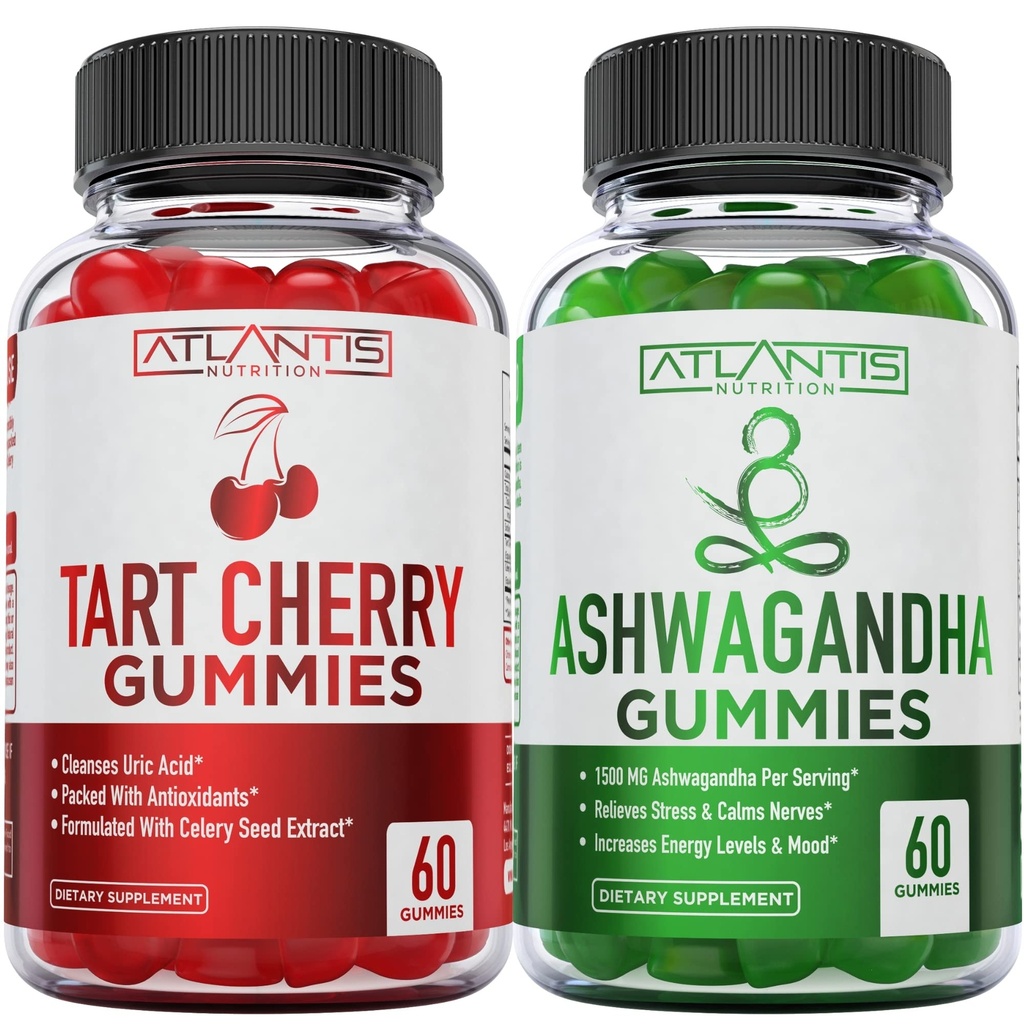 60 Pastilhas Ashwagandha + 60 Pastilhas Tart Cherry -Ashwagandha aumenta os níveis de energia e fortalece o sistema imunológico - Tart Cherry tem ácido úrico avançado limpeza para imediata Got Pain Reli