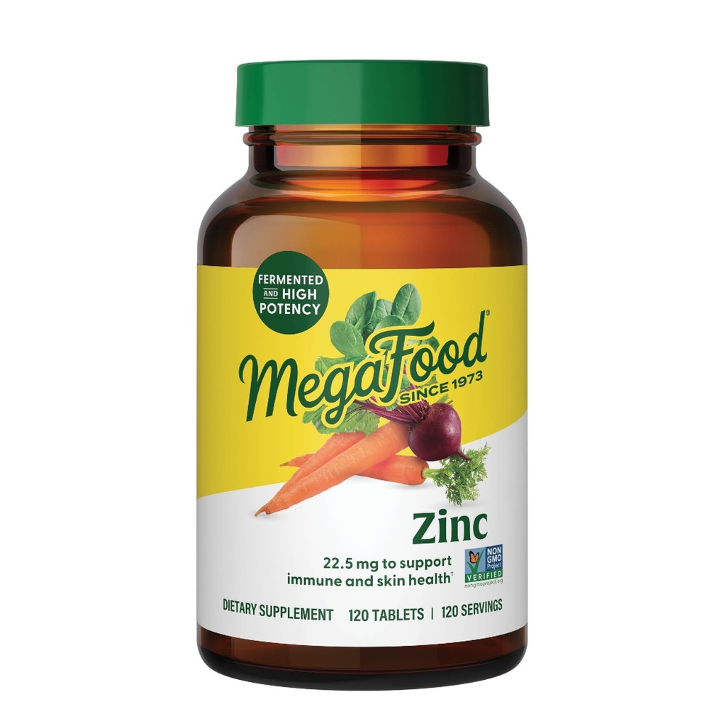 MegaFood Zinc Suplementos para Mulheres e Homens - Vegan Imune Suporte Suplemento com 22,5 mg de alta potência Fermentado Zinco Comprimidos - Feito com comida real - 120 Comprimidos, 120 Servings