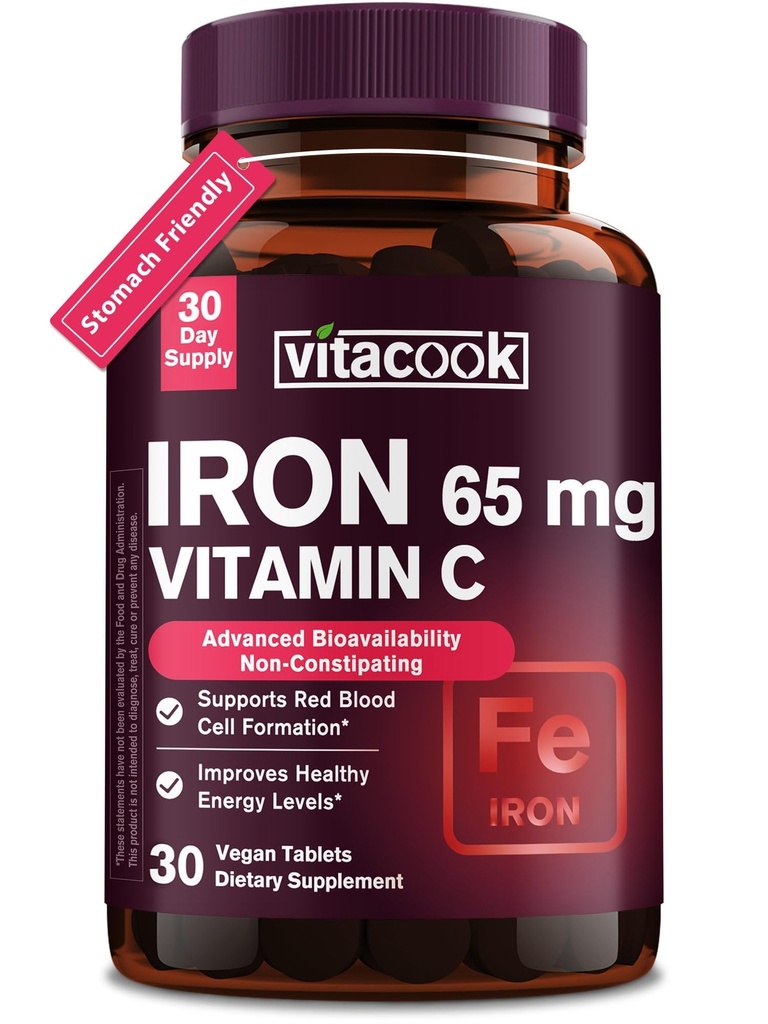 Suplemento de ferro para os homens mulheres de alta potência 65mg de ferro com vitamina C 250mg de estômago amigável comprimidos de ferro para células de sangue vermelho e Imune Suporte Vegan, Não-GMO & Gluten livre de 30 tabs