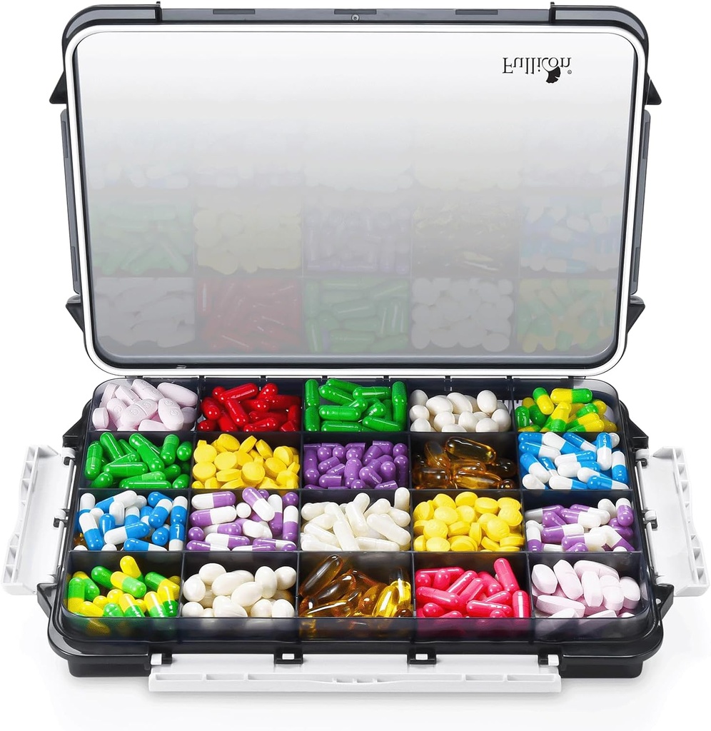 Fullicon Organizador de comprimidos extra grande com projeto de prova de umidade, caixa de pílulas Jumbo de viagem com 20 compartimentos, organizador de suplemento para vitaminas com 3 fivelas seguras (preto)