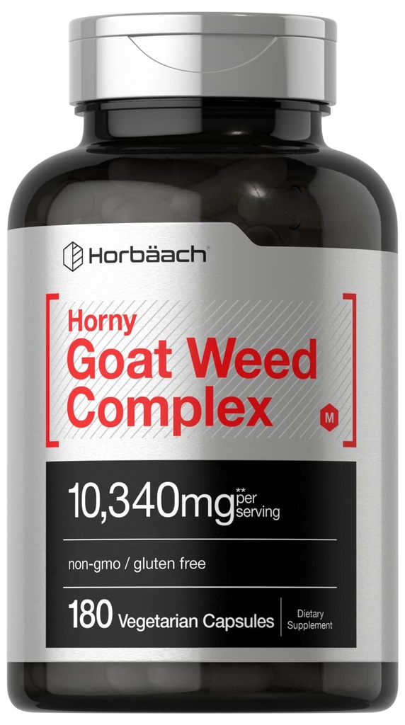 Horbäach Horny Goat Weed Complex (complexo de ervas daninhas) 180 Cápsulas (vegetarianas, não-OGM) e Fórmula Glúten Livre com Tribulus, Maca, Yohimbe e L-Arginina