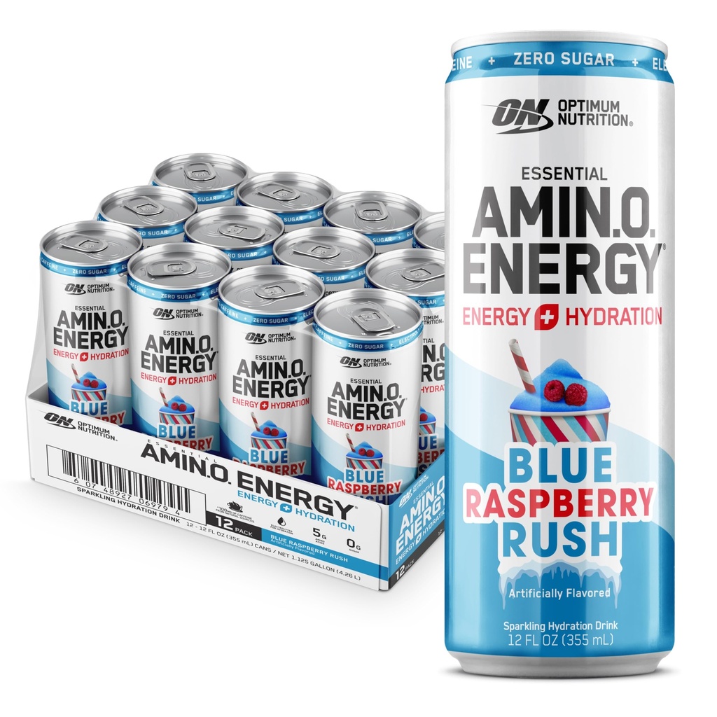 Optimum Nutrition Amino Energy Sparkling Hydration Drink, Eletrólitos, Cafeína, Aminoácidos, BCAAs, Livre de Açúcar, New Blue Raspberry Rush, 12 Fl Oz, 12 Pack (Packaging May Vary)