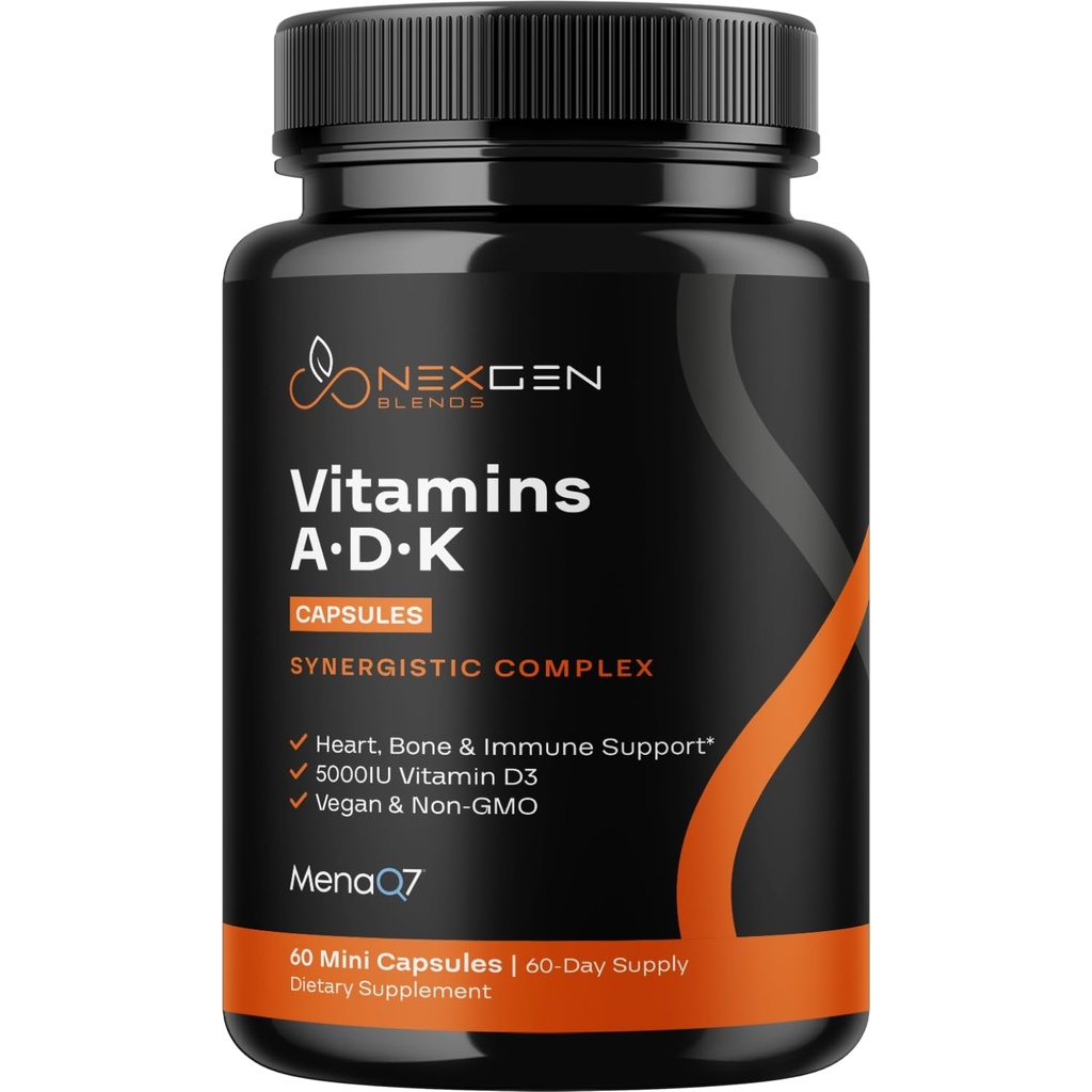 Alta Absorção ADK Suplemento Vitamina - Vegan Vitamina D3 K2 MK7 & A para o cálcio Regulação Plus Bone Heart Thyroid & Imune Support - Vitamina ADK com 5000UI D3 Não OGM e glúten livre (2 meses)