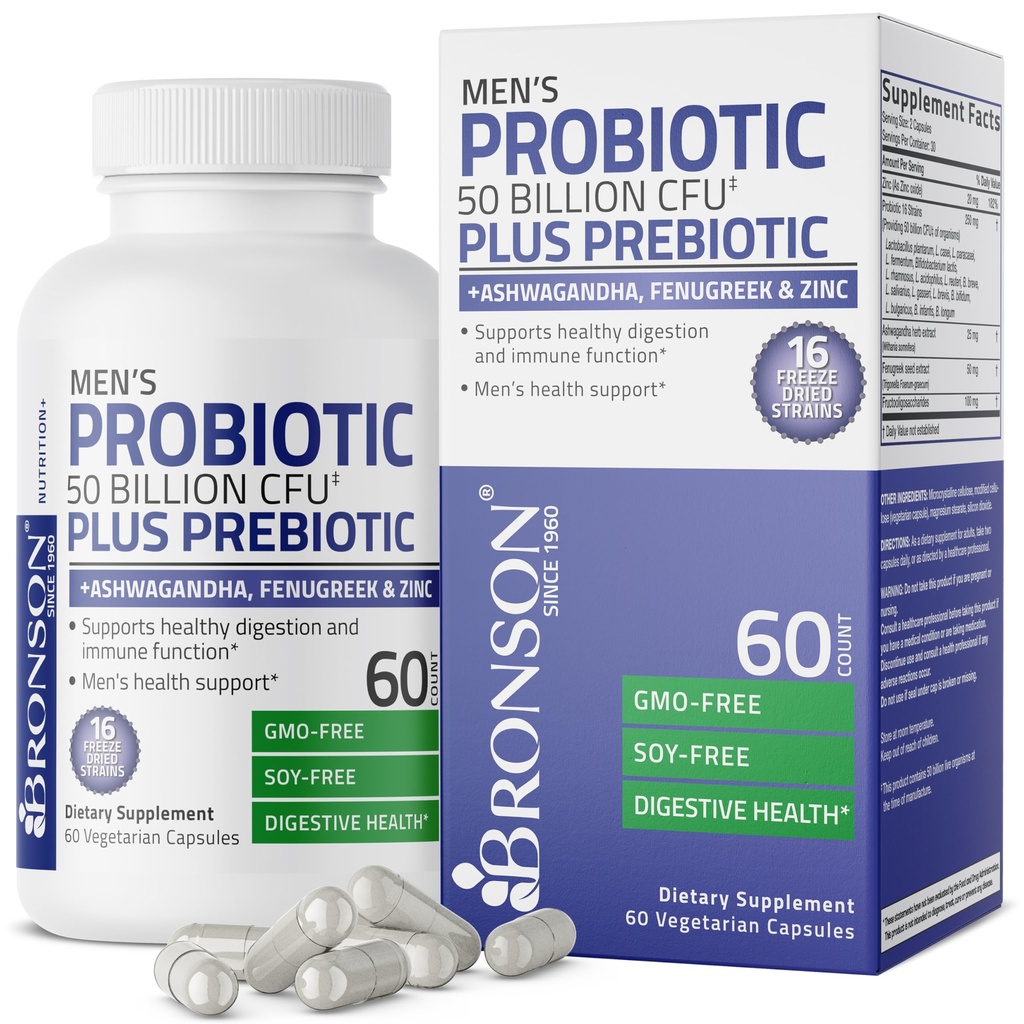 Bronson masculino Probiótico 50 bilhões UFC Plus Prebiótico com Ashwagandha, Fenugreek & Zinc, Suporta Digestão saudável e Imune Função Não-GMO, 60 Cápsulas Vegetarianas