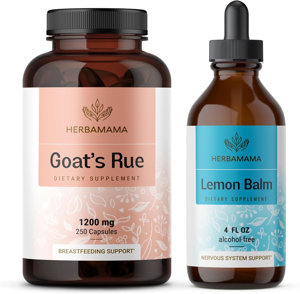 HERBAMAMA Goat's Rue and Lemon Balm Kit - Pacote de 1200 mg Cápsulas Rue de cabra & Lemon Balm Liquid Drops 4 fl oz - Vegan, Não-GMO, Açúcar & Álcool - 2 Pack