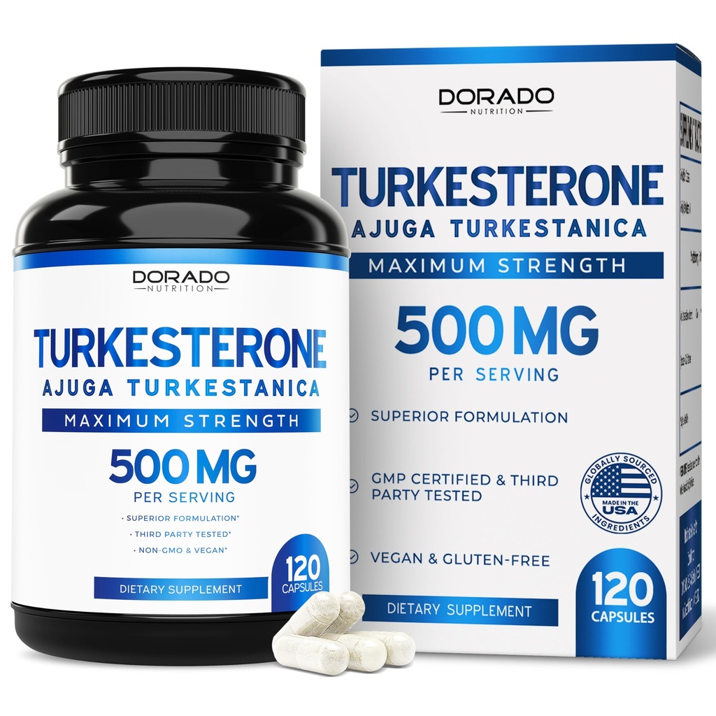 Turkesterone Suplemento 500mg (120 Cápsulas) - Stamina, Drive, Desempenho Atlético & Massa Muscular - (Ajuga Turkestanica Std. a 10% Turkesterone) (Similar a Ecdysterone) - Cápsulas não-GMO & Vegan