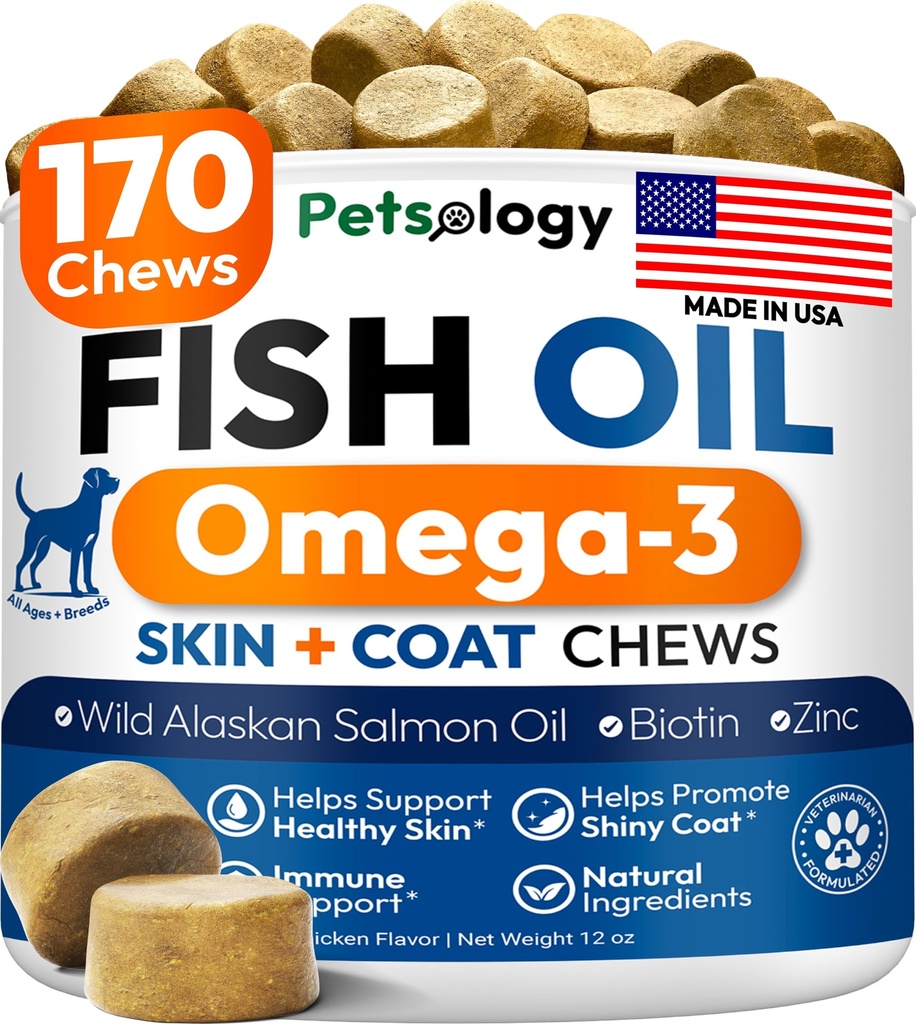 Ómega 3 Óleo de peixe para cães - 170 Mastigação - Ómega 3 para cães Pele com comichão e alívio da alergia - Pele & casaco Suplemento - EPA & DHA ácidos gordos - cão anti derramamento e tratamento ponto quente - óleo de salmão