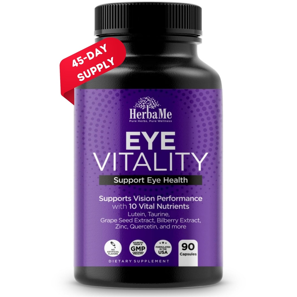 HerbaMe Eye Vitaminas Suplemento com Lutein, Bilberry, Beta caroteno, L-Taurine, Zinco e Quercetin, 90 Cápsulas, Suporta Visão, Saúde Ocular e Macular, Ajuda Olhos Filtrar Luz Azul