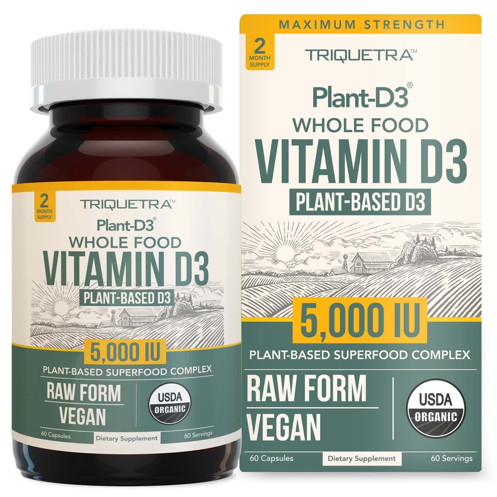 Vitamina D3 5,000 UI Orgânica - 100% Alimentos inteiros e planta-baseado Cholecalciferol Forma, 100% Vegan Vitamina D - Melhorado com Prebiótico & Complexo Superalimentar – Orgânico, Vegan, OGM & Gluten Free (60 Cápsulas)