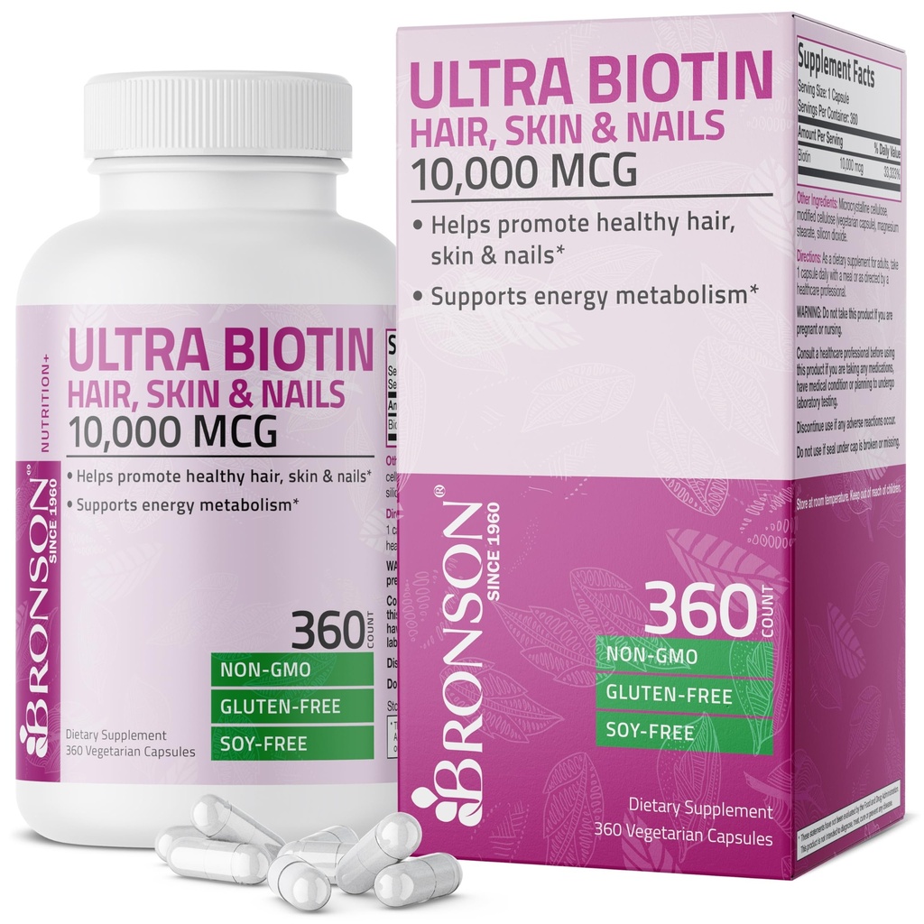 Bronson Ultra Biotin 10.000 Mcg Cabelo Pele e unhas Suplemento, Não-GMO, 360 Cápsula vegetariana