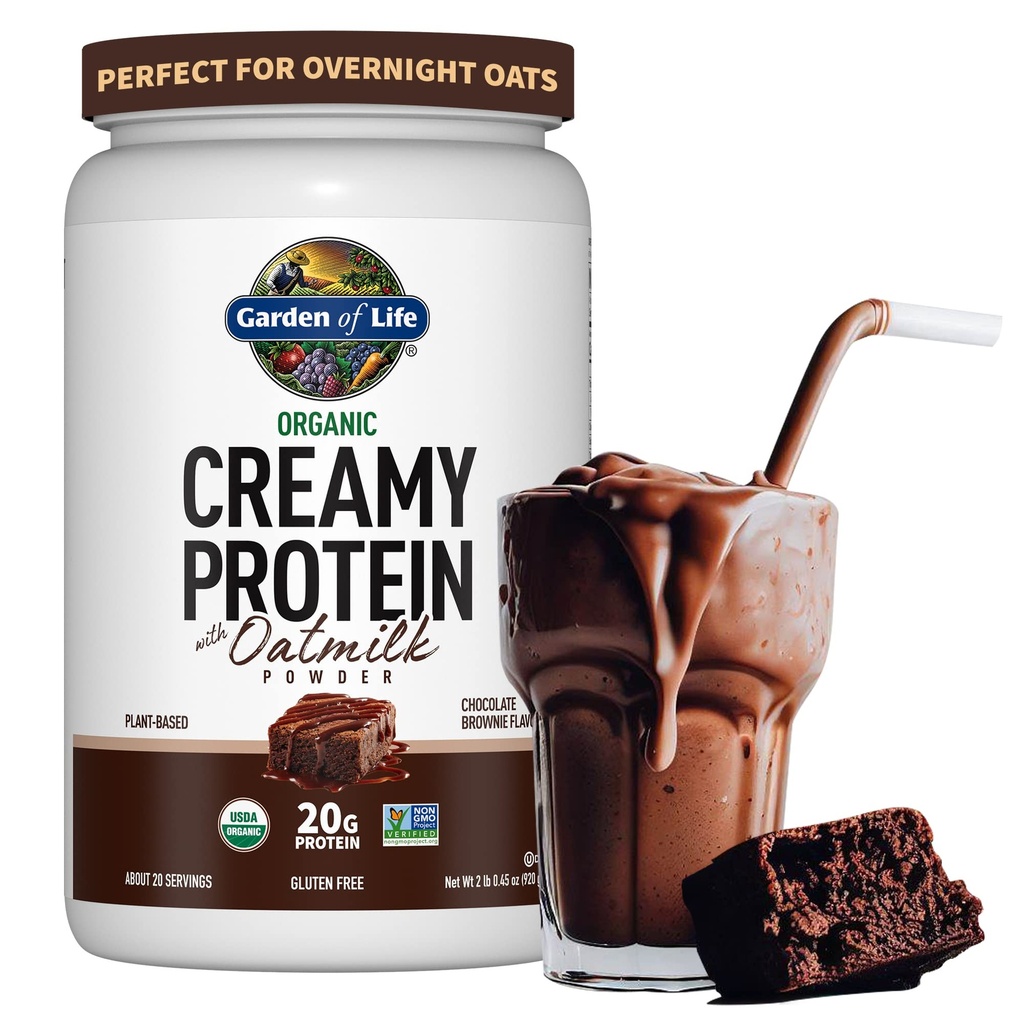 Jardim da vida Creme Orgânico Vegan Protein Powder + Aveia, 20g Complete Plant Based Protein, Água de coco, MCTs, Grãos espalhados, Prebióticos, Probióticos – Sem glúten, Chocolate Brownie, 2 LBS