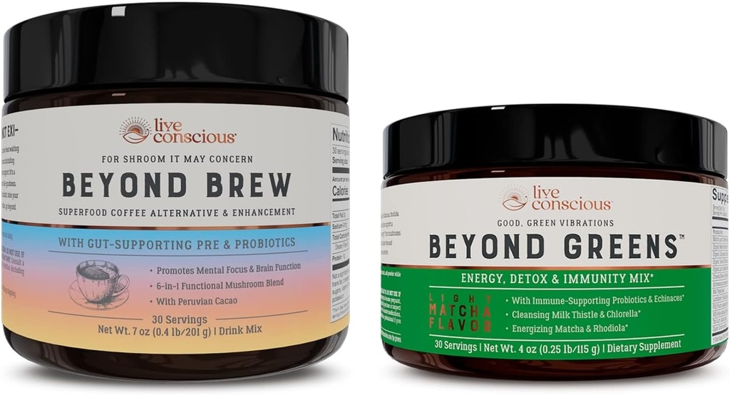 Live Conscious Beyond Greens & Beyond Brew Pó delicioso para Bloating + Cogumelo Superfood Café Cafeína Alternativa Grátis