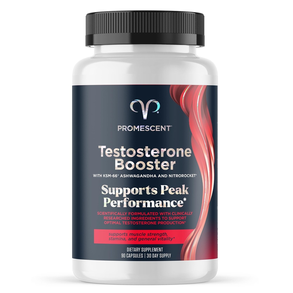 Promescent Testosterona Booster para homens Suplemento w/Tongkat Ali (LongJack), KSM-66 Ashwagandha, Erva de cabra, Fenugreek & Tribulus Terrestris, Suporta energia natural, resistência e força, 90 Cápsulas