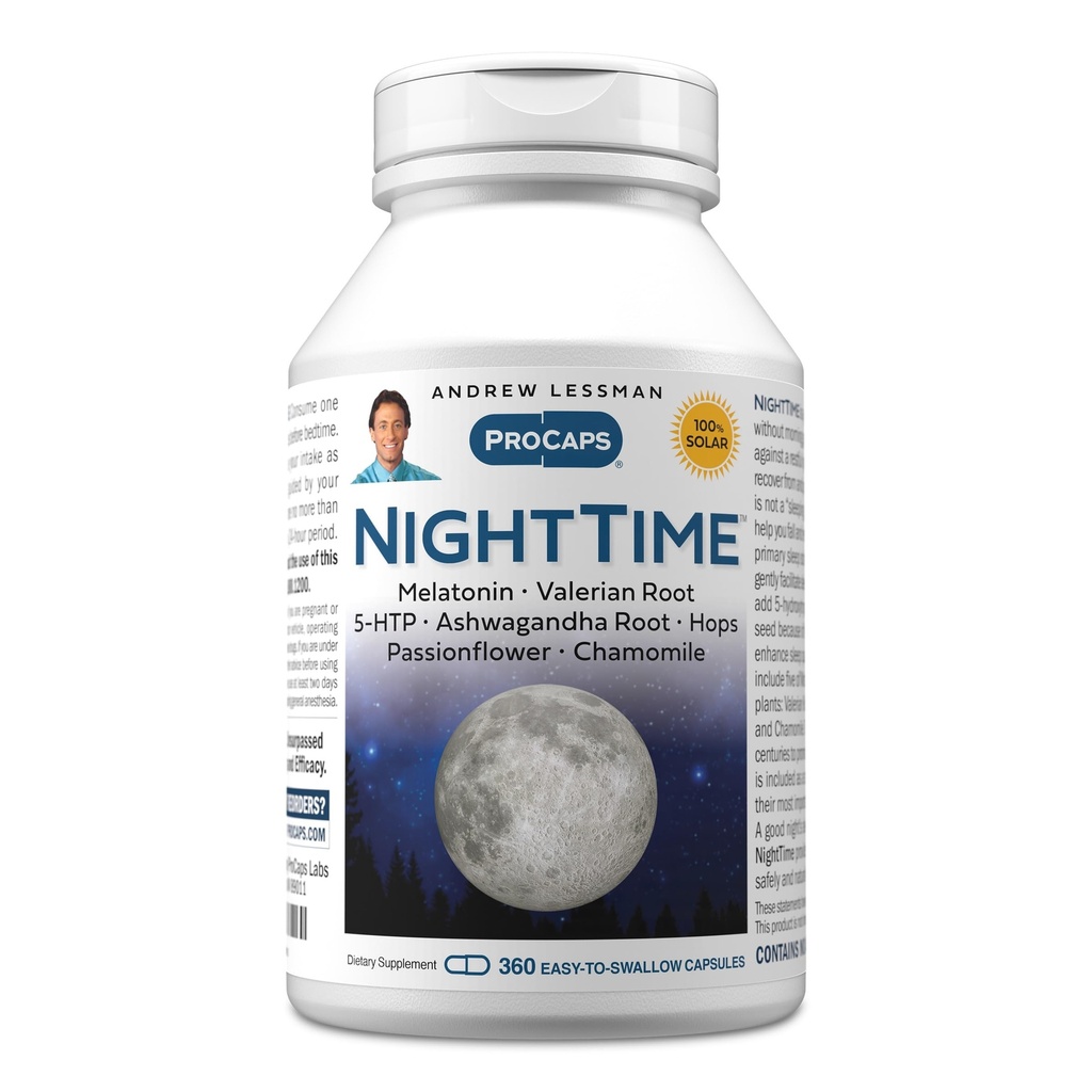 ANDREW LESSMAN Night Time 360 Cápsulas - 3mg Melatonin, Valerian, Ashwagandha, Passionflower, Hops, Camomila. Nada de Grogginess matinal. Apoio natural, sono tranquilo gentil. Cápsulas fáceis de engolir